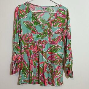 Lilly Pulitzer XS Top Pima Cotton Roll Tab Sleeve Floral Leaf Pattern Pink Green
